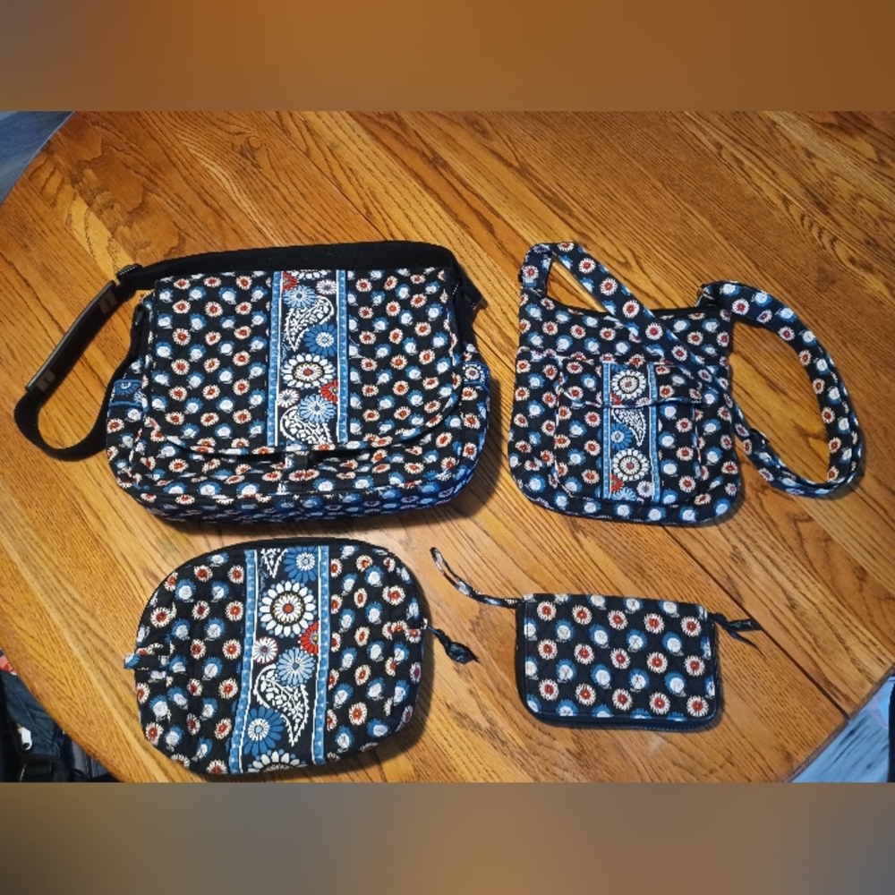 Vera Bradley four bag set in discontinued red and blue owl print, EUC.